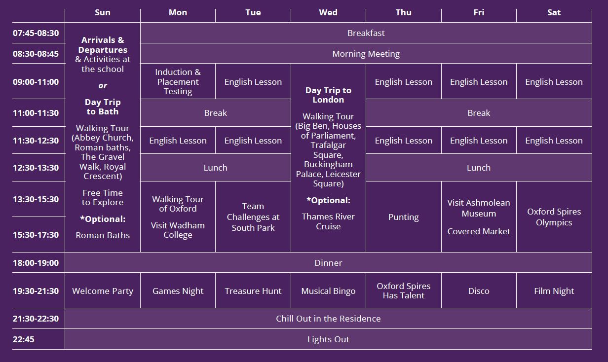 Sample language vacation timetable at Oxford Brookes University