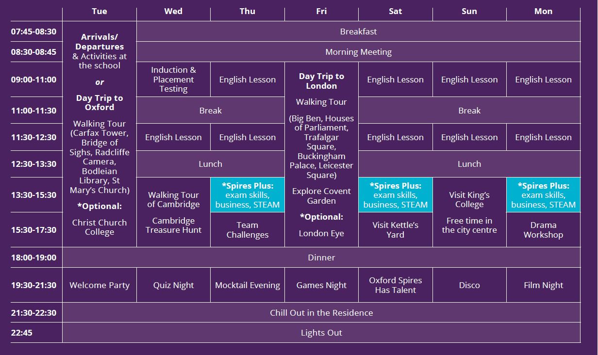 Sample language vacation timetable at Anglia Ruskin University