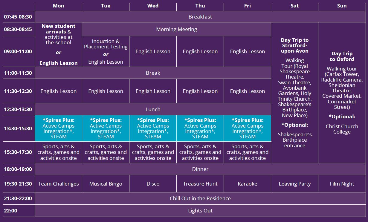 Sample language vacation timetable at Summer Fields School